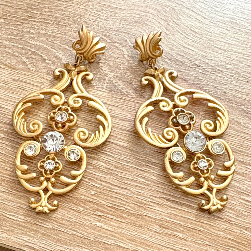 Vintage Gold Ornate Drop Earrings with Clear Stones